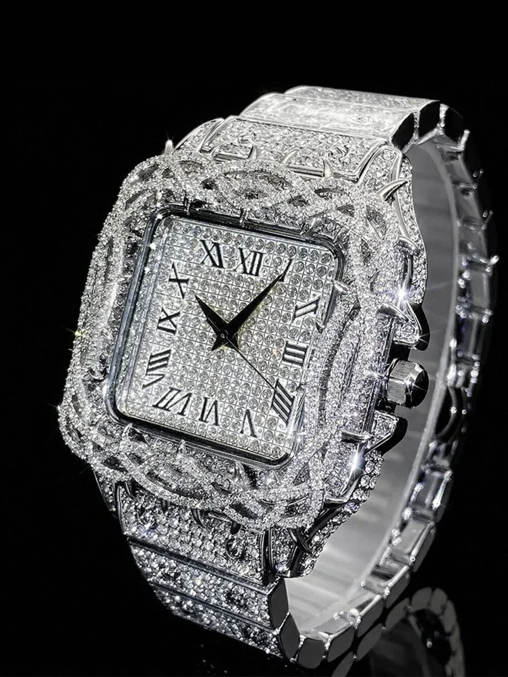 Iced Out Thorn Crown Square Quartz Men's Watch in White Gold